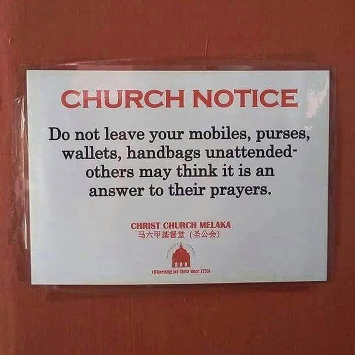 A white paper notice taped to a reddish-brown wooden door reads 'CHURCH NOTICE' in red, followed by black text warning not…