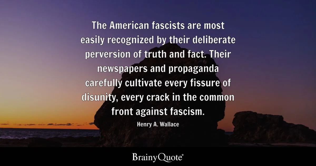 A serene sunset over ocean rocks with white text overlaid, quoting Henry A. Wallace: 'The American fascists are most easily…