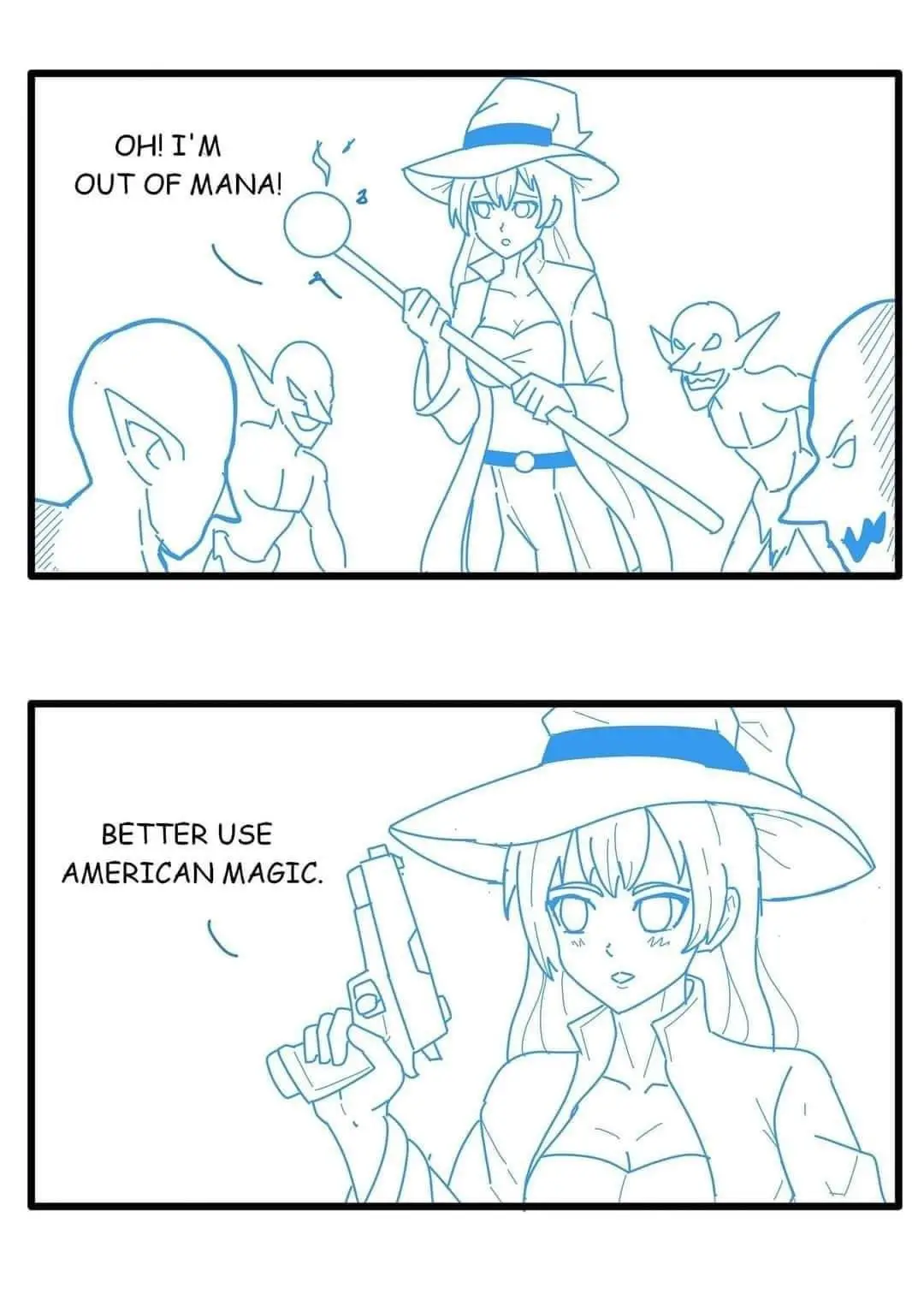 A two-panel comic shows a female anime-style mage in a hat holding a magic staff, exclaiming she's out of mana while…