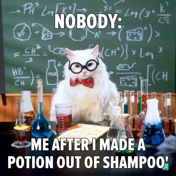 A white cat wearing round glasses and a red bowtie sits at a cluttered chemistry lab desk with beakers and flasks containing…