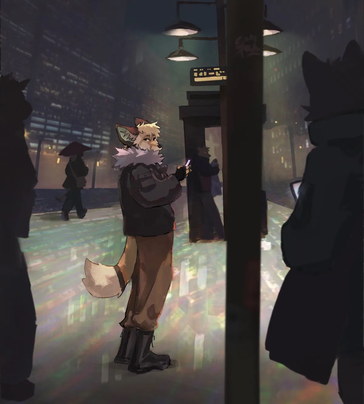 An anthropomorphic fox with blonde hair and a fluffy white collar stands in a rainy, neon-lit city street at night, looking…