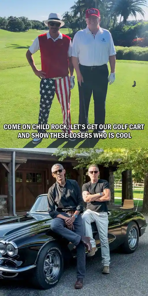 The top image shows two men on a golf course; one wears a red vest and American flag pants, the other wears a white polo and…
