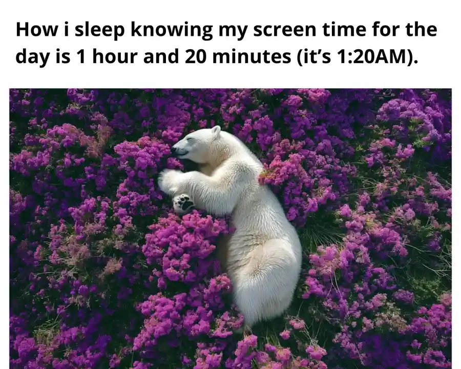 A white polar bear is peacefully sleeping while lying on its back in a field of vibrant purple flowers. The overlaid text…