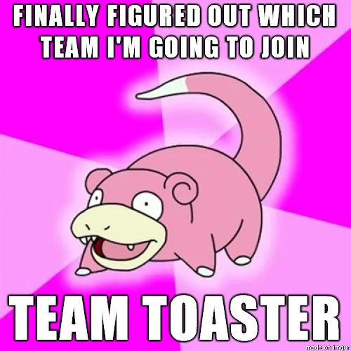 A pink, cartoonish Pokémon named Slowpoke is shown with a wide, goofy grin against a bright pink, radiating background. The…