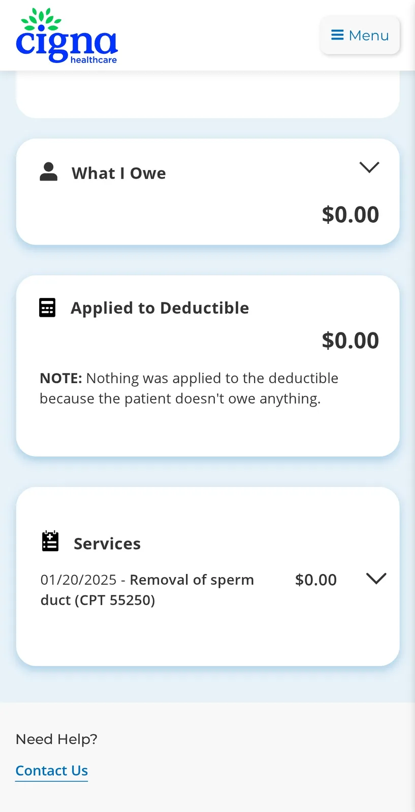 A screenshot of a Cigna Healthcare billing statement showing $0.00 owed and $0.00 applied to deductible, with a note…