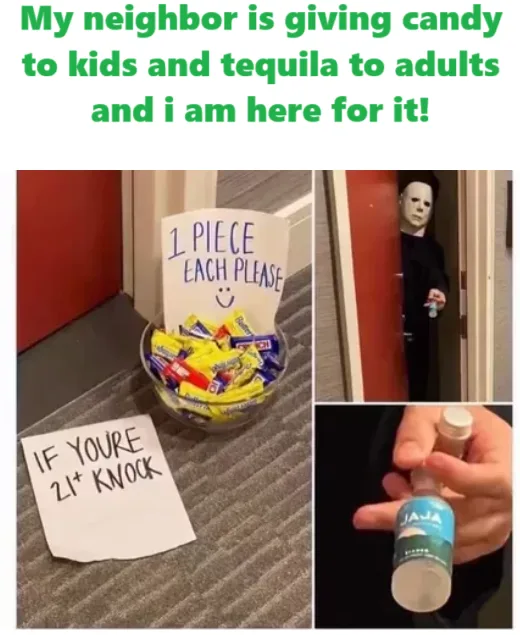 A collage shows a bowl of candy with a sign reading '1 PIECE EACH PLEASE' and a note on the floor saying 'IF YOU'RE 21+…