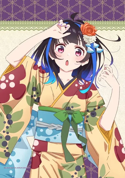 An anime-style girl with black and blue hair, wearing a colorful kimono with floral patterns and a green obi, has a…