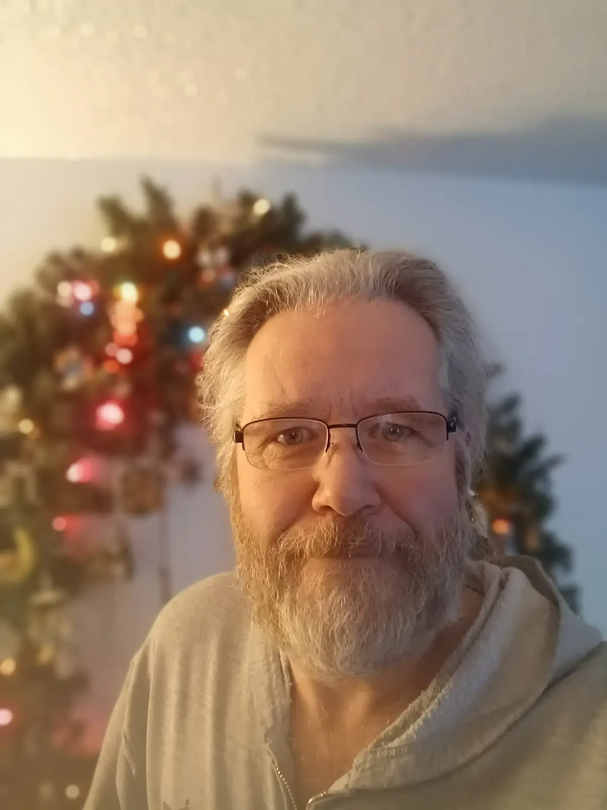 A man with gray hair, glasses, and a beard stares directly at the camera while wearing a gray hoodie. Behind him, a blurred…