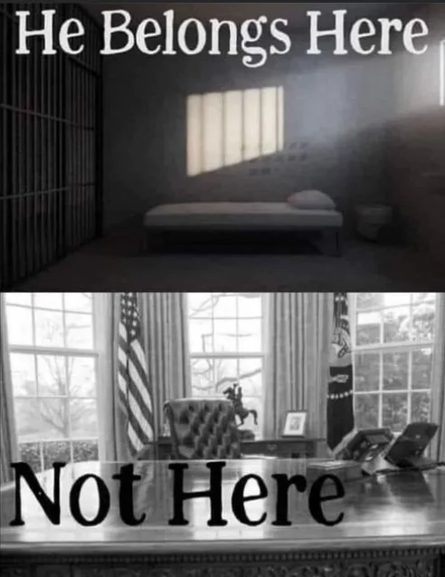 The image is split into two panels. The top panel shows a stark, dimly lit prison cell with a metal-barred door, a narrow…