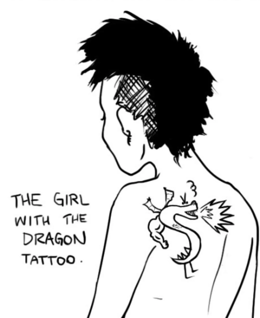 A black-and-white sketch shows a person from behind, revealing a small, cartoonish dragon tattoo on their upper back. The…