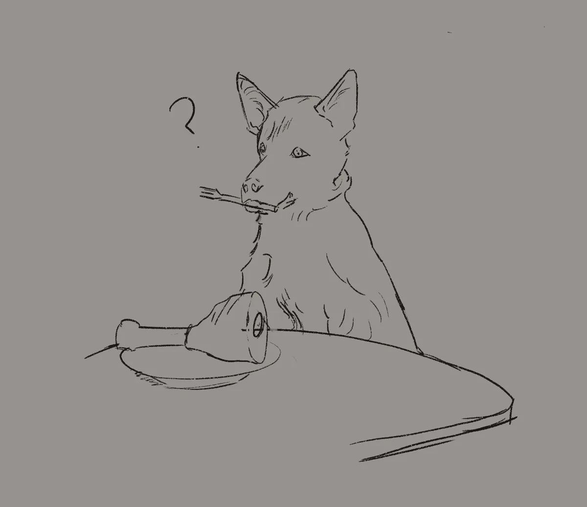 A black-and-white sketch shows a dog sitting at a table with a plate of food in front of it, holding a fork in its mouth. A…