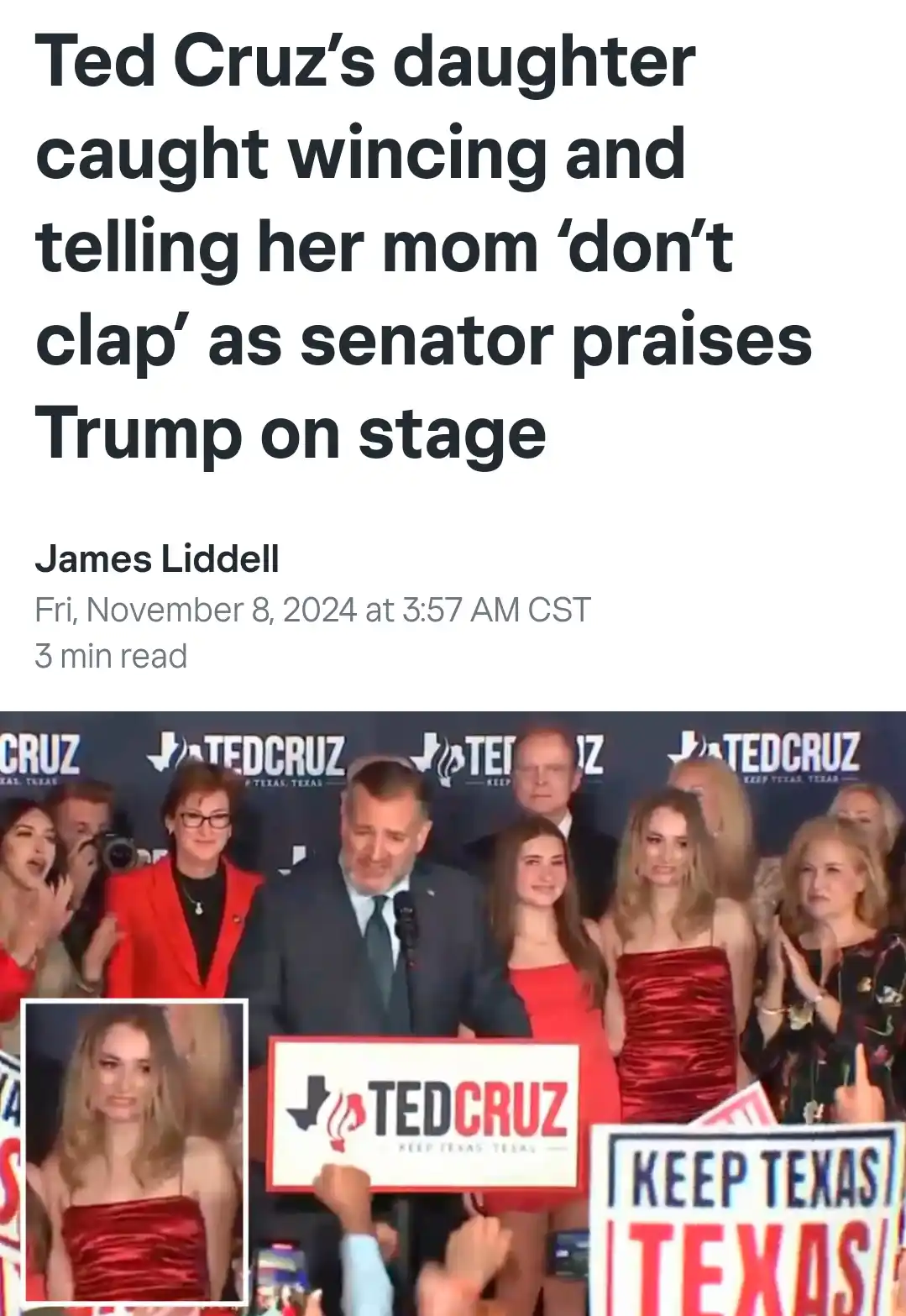 A screenshot of a news article headline about Ted Cruz's daughter being caught wincing and telling her mother not to clap…