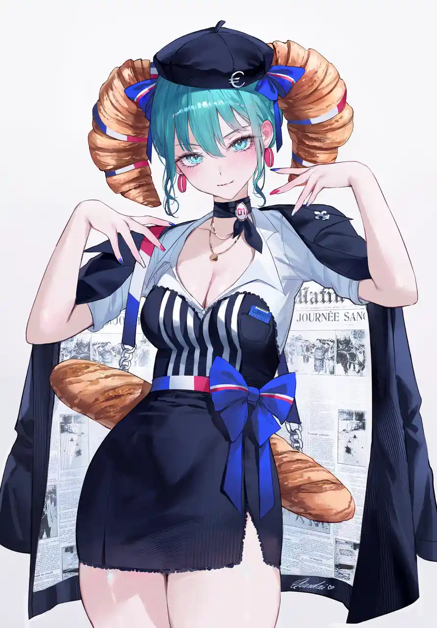 An anime-style illustration of a young woman with turquoise hair and blue eyes, wearing a black beret with a euro symbol, a…