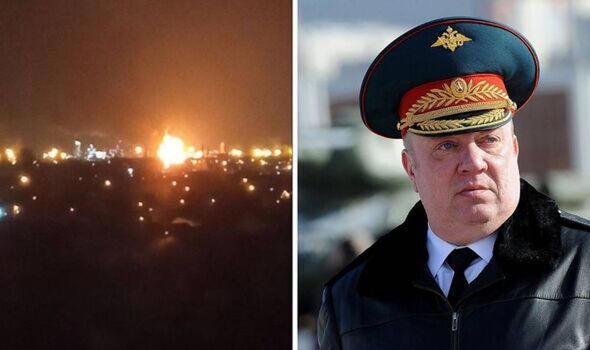 The image is a split-screen: left side shows a nighttime cityscape with a large fire burning in the distance, illuminating…