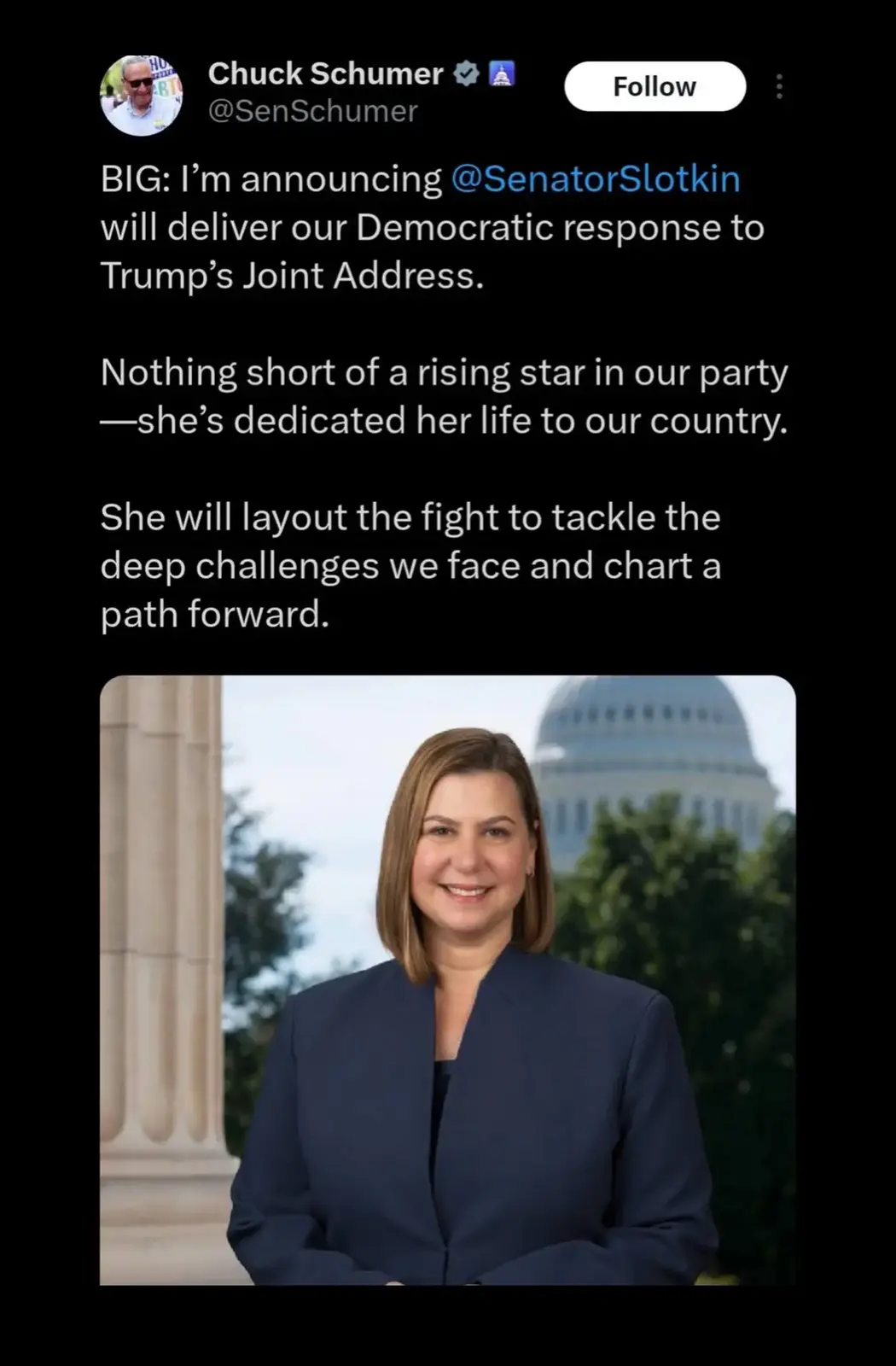 A screenshot of a tweet from Chuck Schumer's official Twitter account announcing Senator Elissa Slotkin as the Democratic…