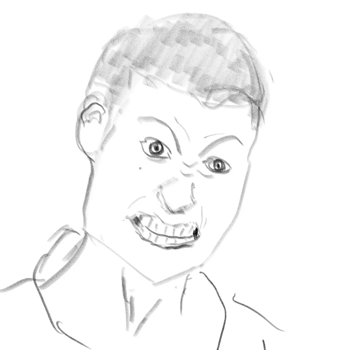 A black-and-white sketch depicts a person with a wide, toothy grin and intense, wide eyes, conveying a manic or unsettling…
