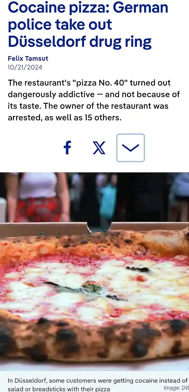 A screenshot of a news article with a headline about a 'cocaine pizza' in Düsseldorf, where police raided a restaurant. The…