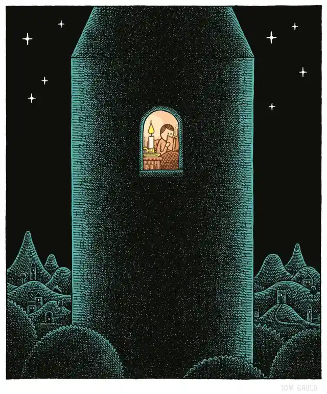 A stylized illustration shows a person sitting at a desk inside a tall, dark tower window, illuminated by a single candle…