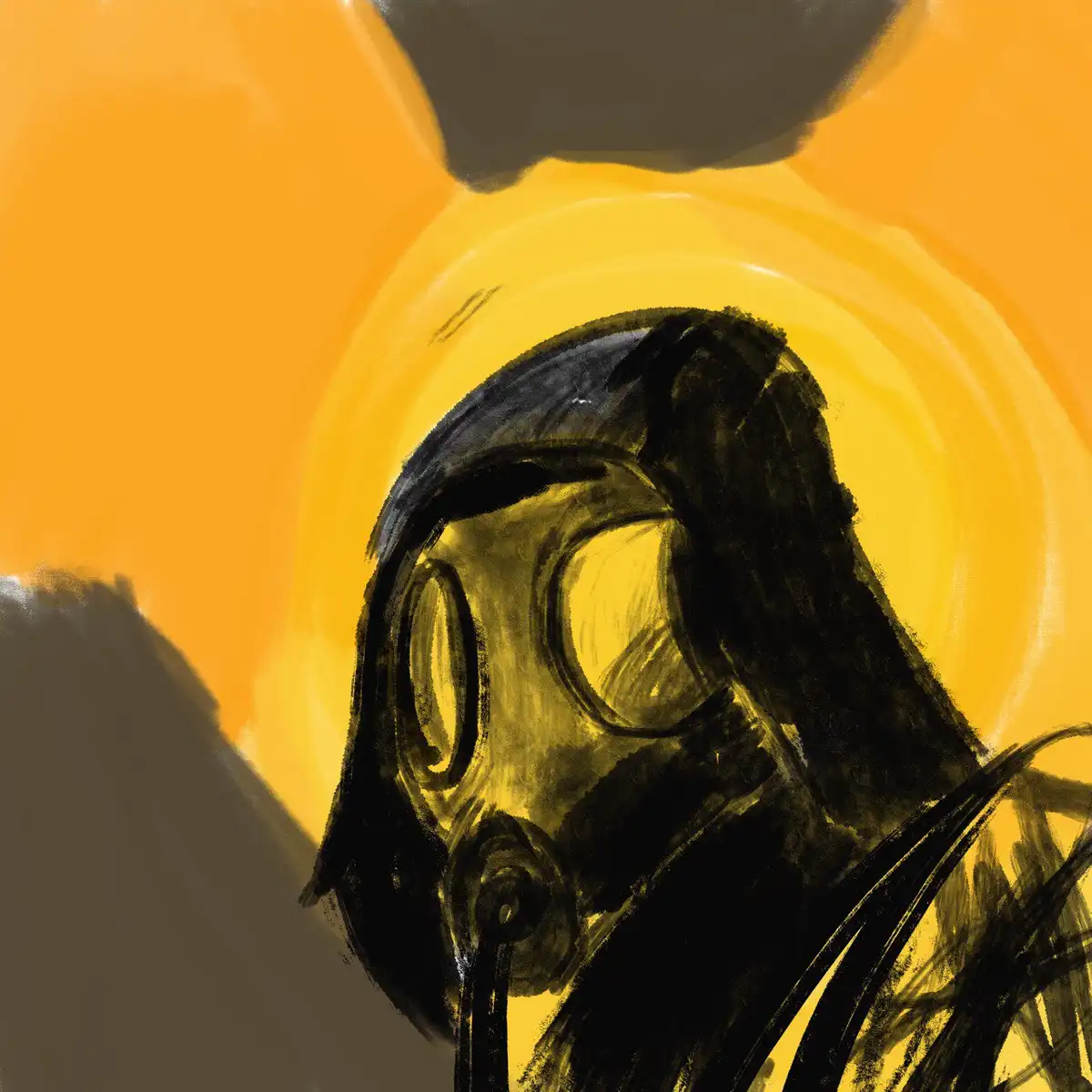 A stylized, sketchy illustration shows a figure wearing a black gas mask against a bright, radiant yellow-orange sun with…