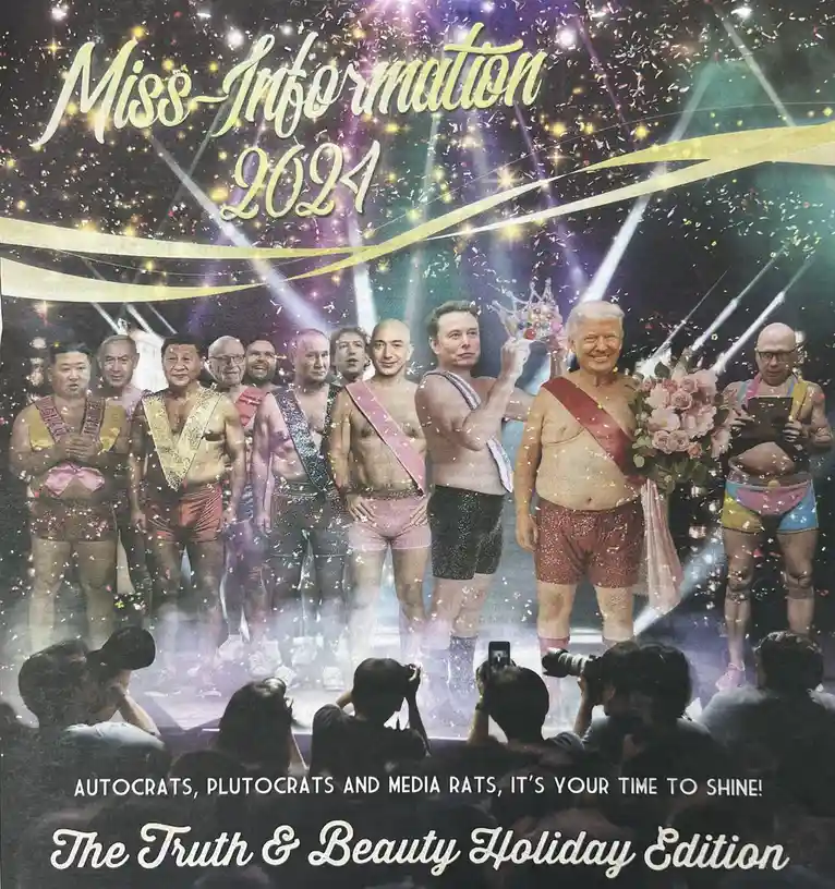 A digitally altered image mimicking a beauty pageant poster, featuring several world leaders and public figures in sparkly…