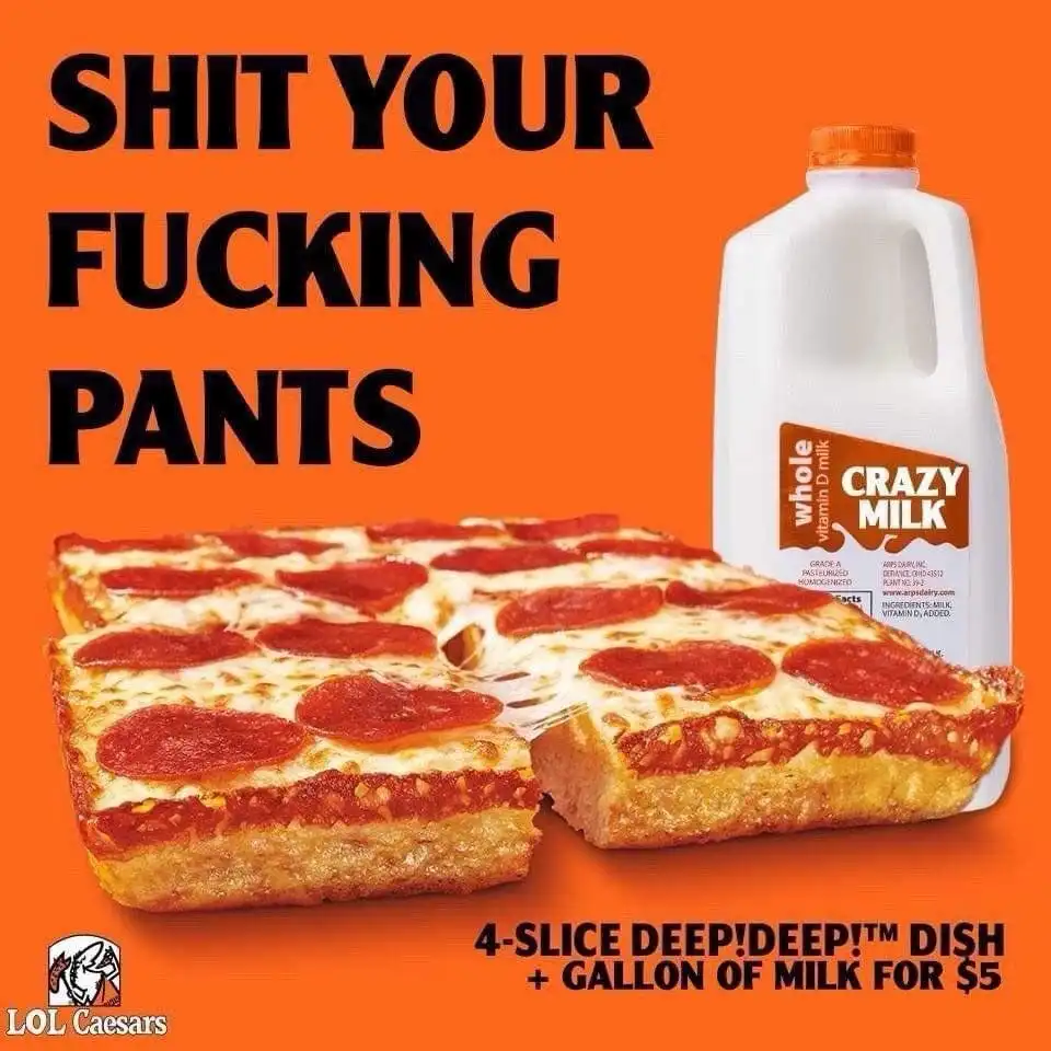 An advertisement-style image with a bright orange background shows a large, thick-cut pepperoni pizza and a gallon of milk…