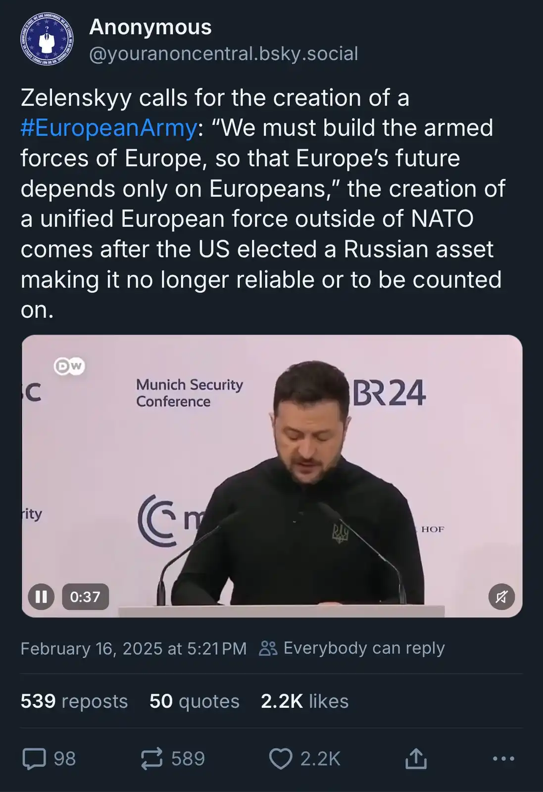 A screenshot of a social media post showing a video clip of Ukrainian President Volodymyr Zelenskyy speaking at the Munich…