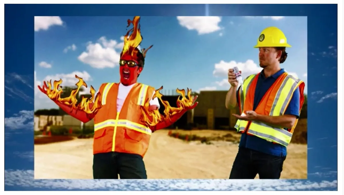 A man in a construction vest and sunglasses is engulfed in flames on his head and arms, screaming with arms outstretched…