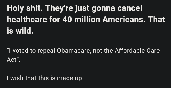 A black background with white text displaying a sarcastic reaction to a political claim. The text reads: 'Holy shit. They're…