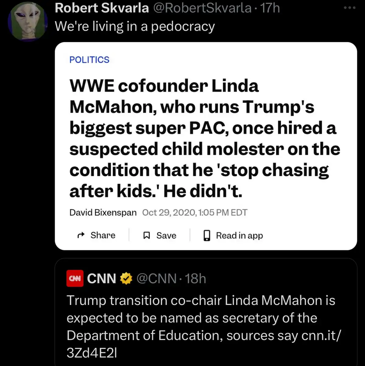 A screenshot of a Twitter thread shows a tweet from Robert Skvarla stating 'We're living in a pedocracy' above a CNN article…