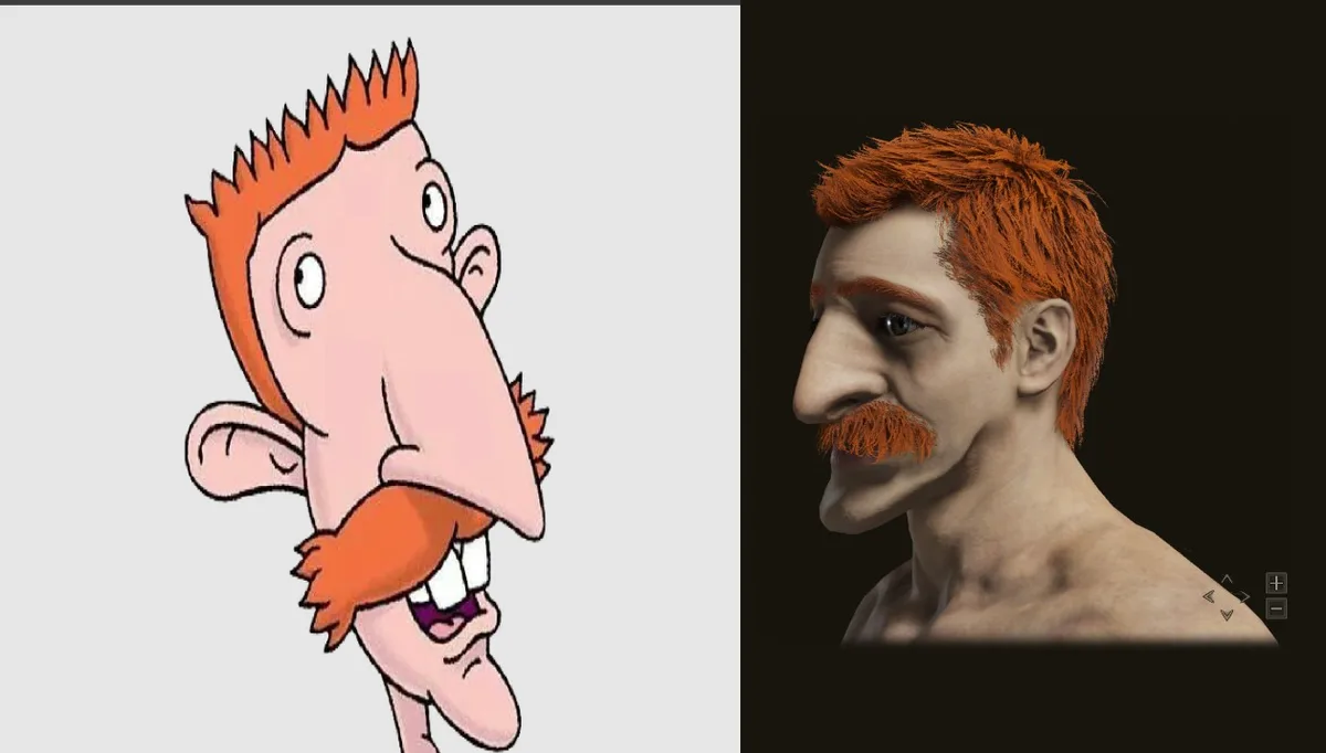 The image displays a side-by-side comparison: on the left, a cartoon character with spiky orange hair, a long nose, and a…