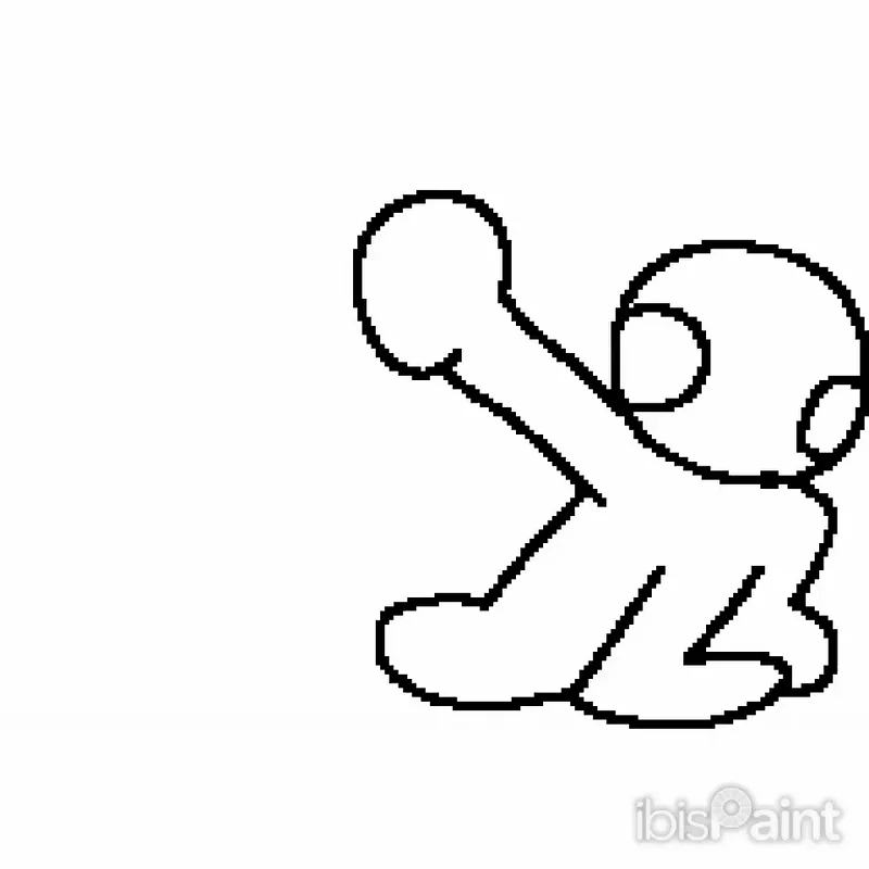 The image displays six simple black-and-white line drawings of a stylized, round-headed cartoon character in various poses…