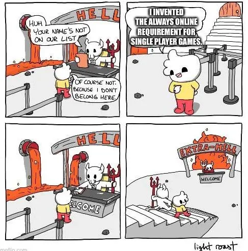 A four-panel comic shows a white cartoon character at a 'HELL' gate. The gatekeeper says the character's name isn't on the…