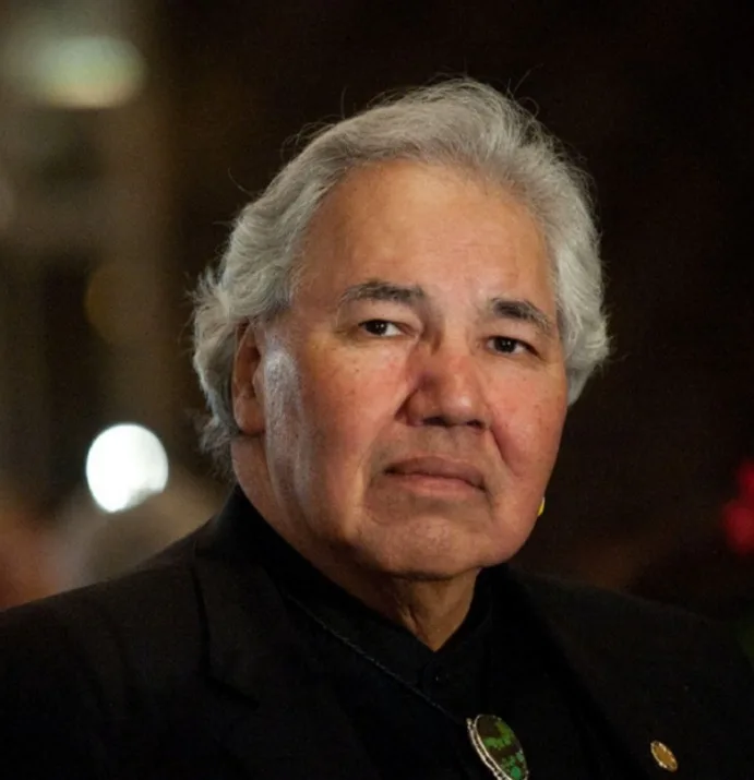 a close-up photo of an older man with gray hair, wearing a black suit and a green brooch, looking directly at the camera…