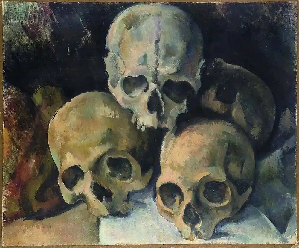 The image shows a painting of four human skulls arranged in a cluster against a dark, textured background. The skulls are…