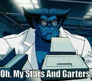 A six-panel grid shows the same blue-skinned, horned, bespectacled animated character in a white lab coat, seated at a…