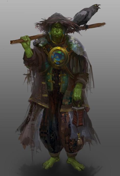A green-skinned, ragged humanoid figure with a bird perched on a staff over their shoulder, wearing a tattered cloak and a…