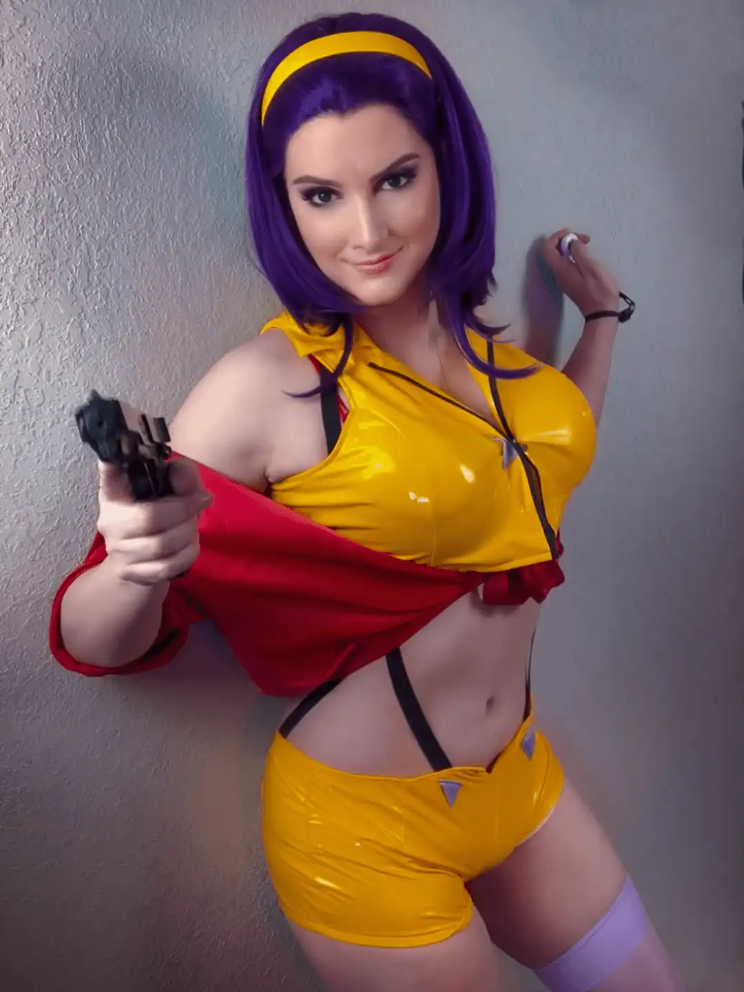 A grid of six identical photos shows a woman in a yellow and red outfit with purple hair, holding a gun and smiling at the…