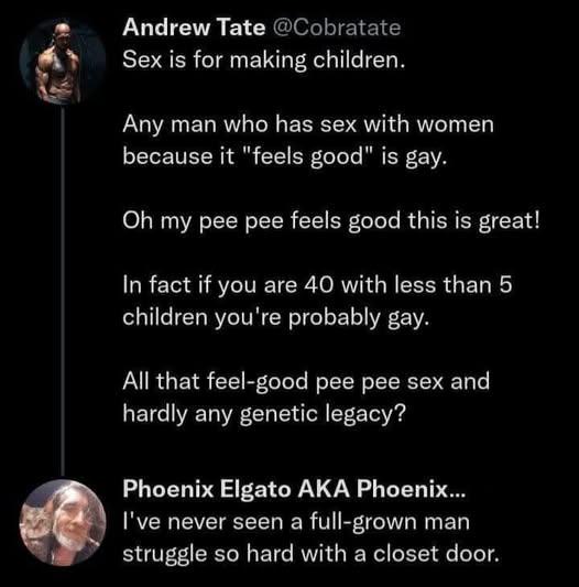 A screenshot of a Twitter thread shows Andrew Tate's controversial views on sex and masculinity, followed by a reply from…