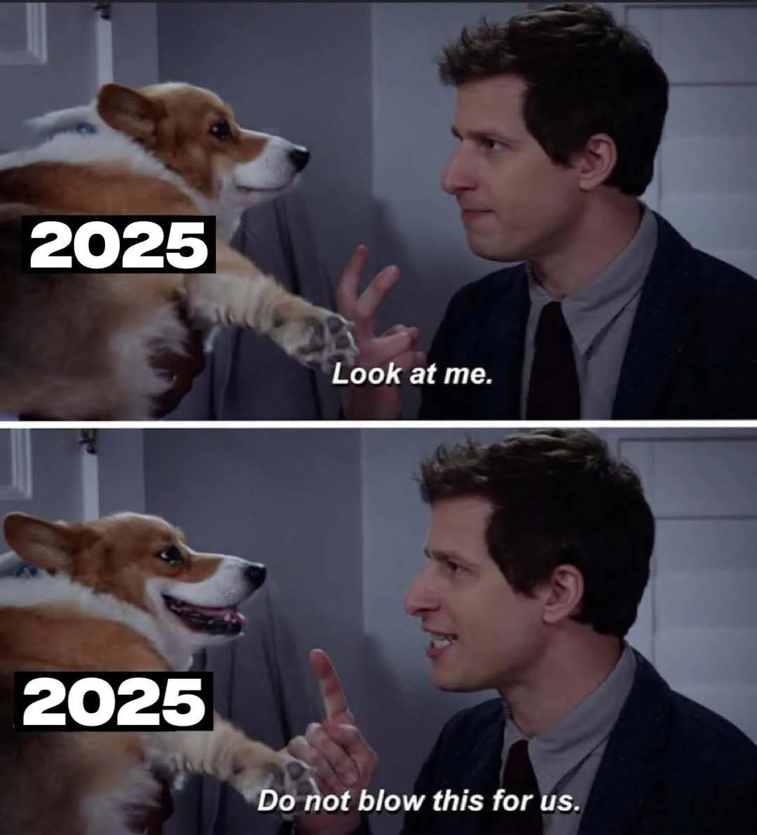 A two-panel meme featuring a corgi and a man in a suit. In the top panel, the corgi, labeled '2025', extends its paw toward…