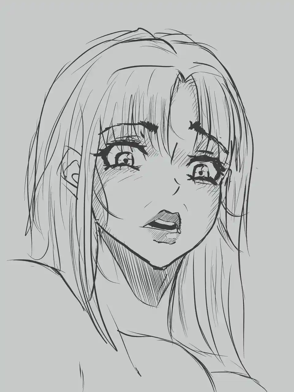 A black-and-white anime-style sketch of a young woman with long hair, wide eyes, and an open mouth, conveying shock or…