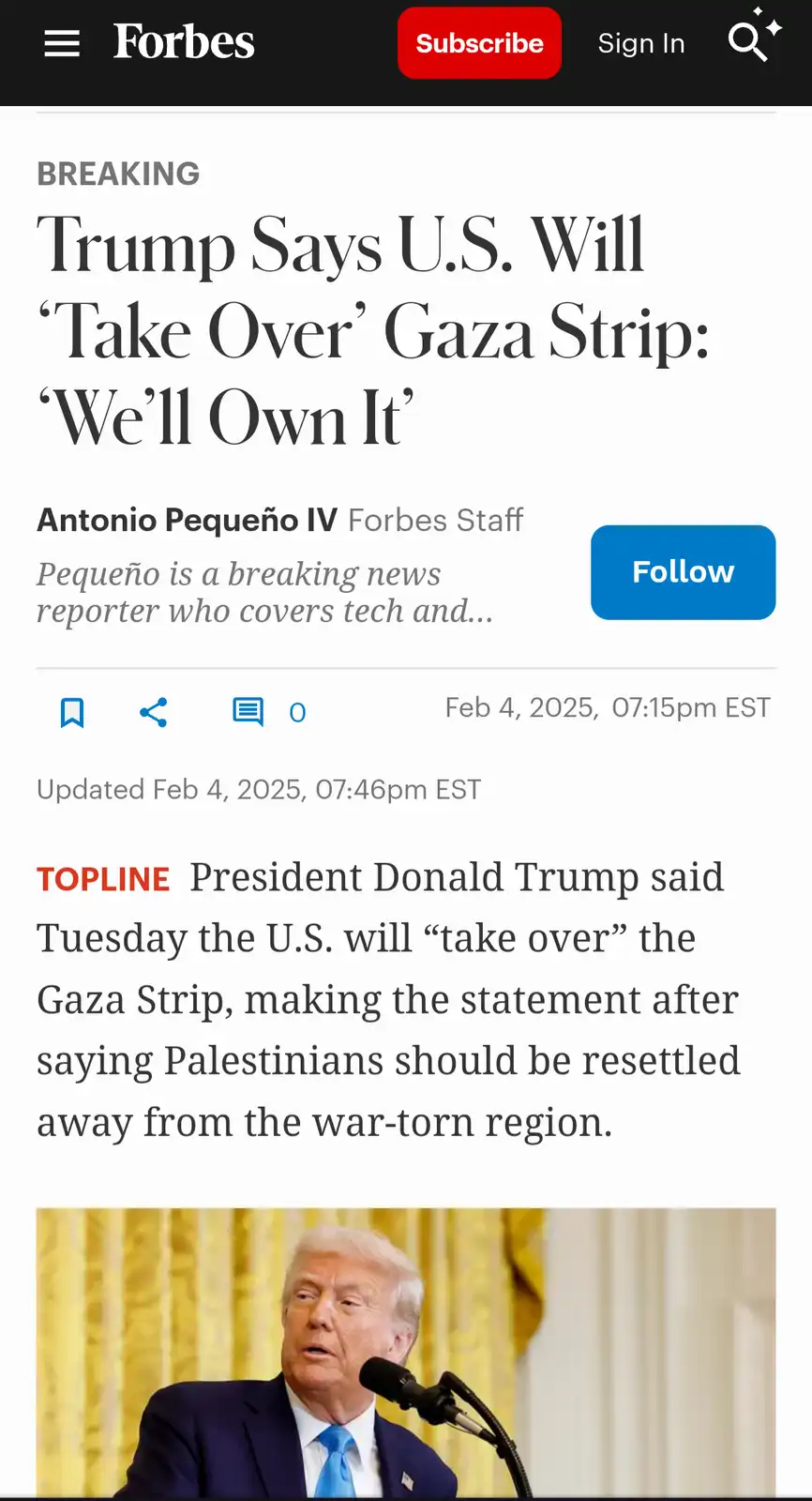 A screenshot of a Forbes news article dated February 4, 2025, with a headline claiming President Donald Trump said the U.S…