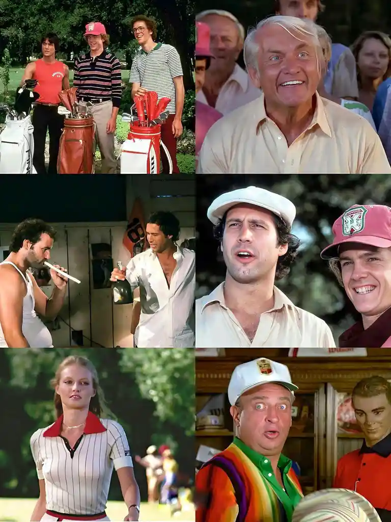 A six-panel collage from the 1980 film 'Caddyshack' showing various characters: three men with golf bags, a man with a wide…