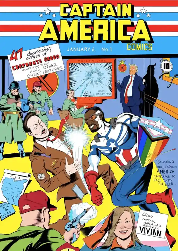 A parody comic book cover titled 'Captain America Comics' dated January 6, No.1, depicts Captain America punching a man…