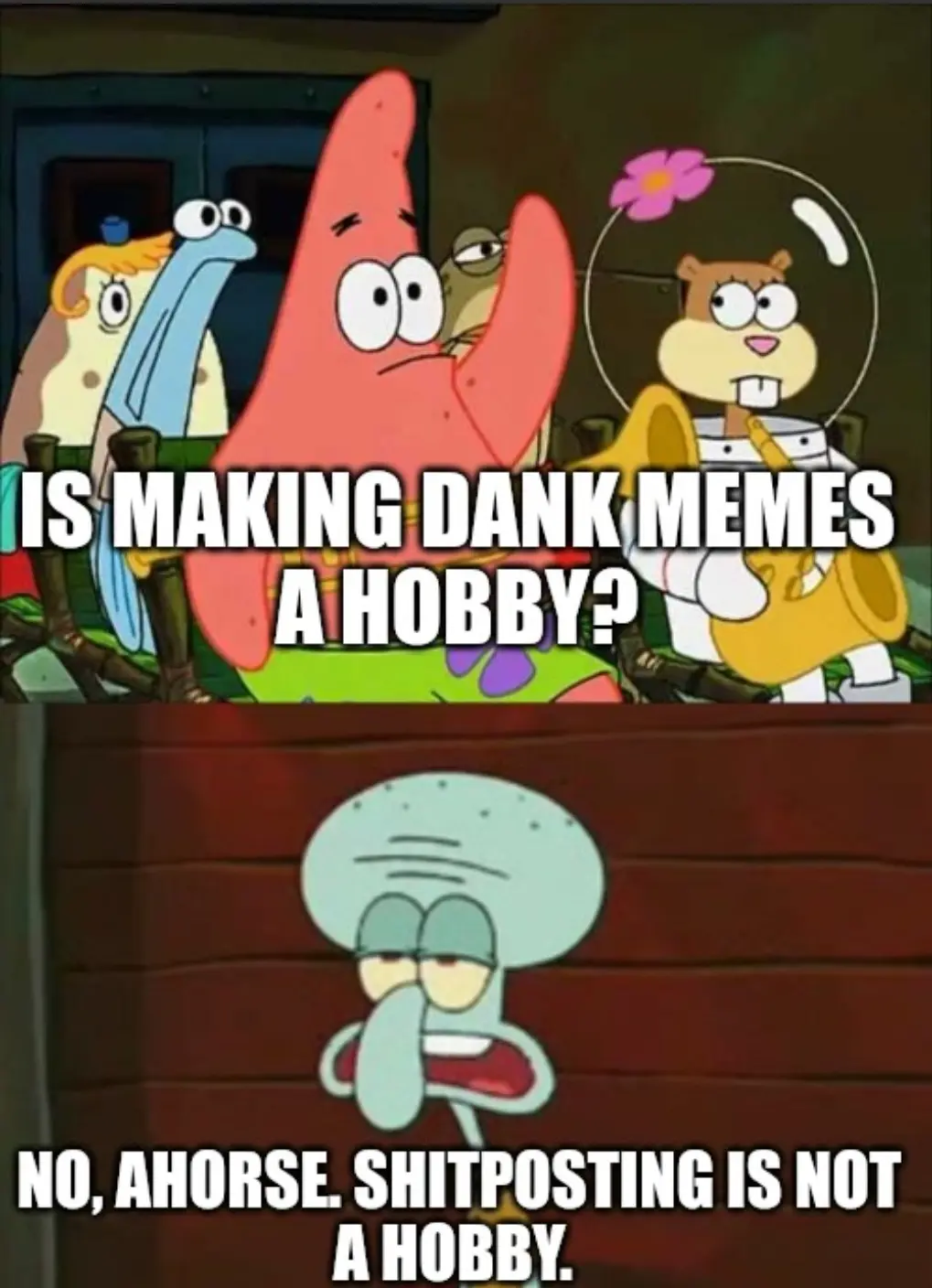The top panel shows Patrick Star, Sandy Cheeks, and a blue creature looking confused while text asks 'IS MAKING DANK MEMES A…