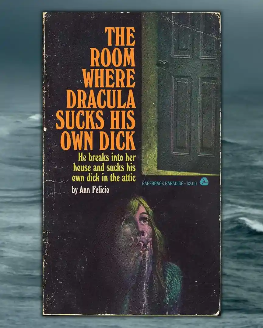 A worn paperback book cover with orange text reads 'THE ROOM WHERE DRACULA SUCKS HIS OWN DICK' and a smaller subtitle 'He…