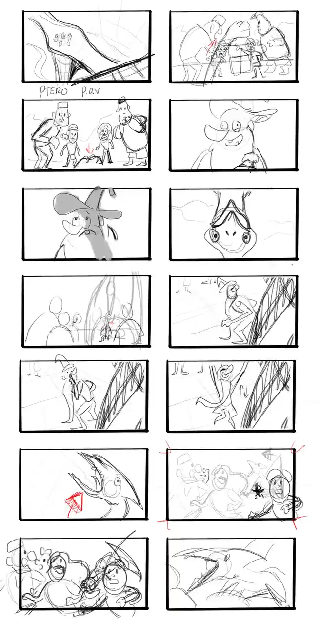 This image displays a storyboard of rough, black-and-white sketches for an animated scene, showing characters including a…