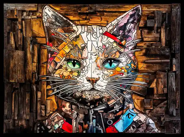 A stylized, mosaic-like portrait of a cat with mismatched green and blue eyes, set against a background of wooden planks…