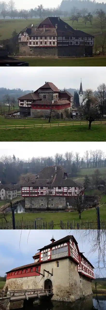 A four-panel image collage shows different angles of a historic stone and timber-framed building, resembling a castle but…