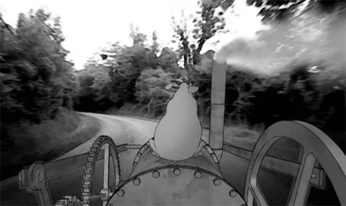 A black-and-white sequence from an animated film shows a character driving a vehicle through a dark, wooded area. The top…