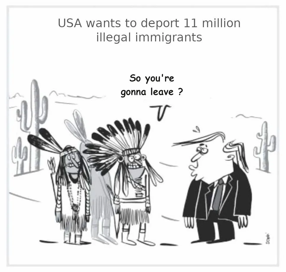 A black-and-white cartoon depicts two Native American figures in traditional attire, including feathered headdresses…